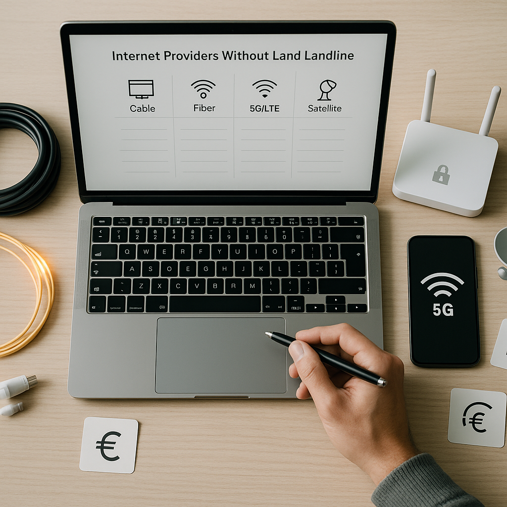 Schreibtisch-Flatlay mit Laptop (neutrale Vergleichstabelle), Smartphone mit 5G-Symbol, WLAN-Router neben Vorhängeschlos
